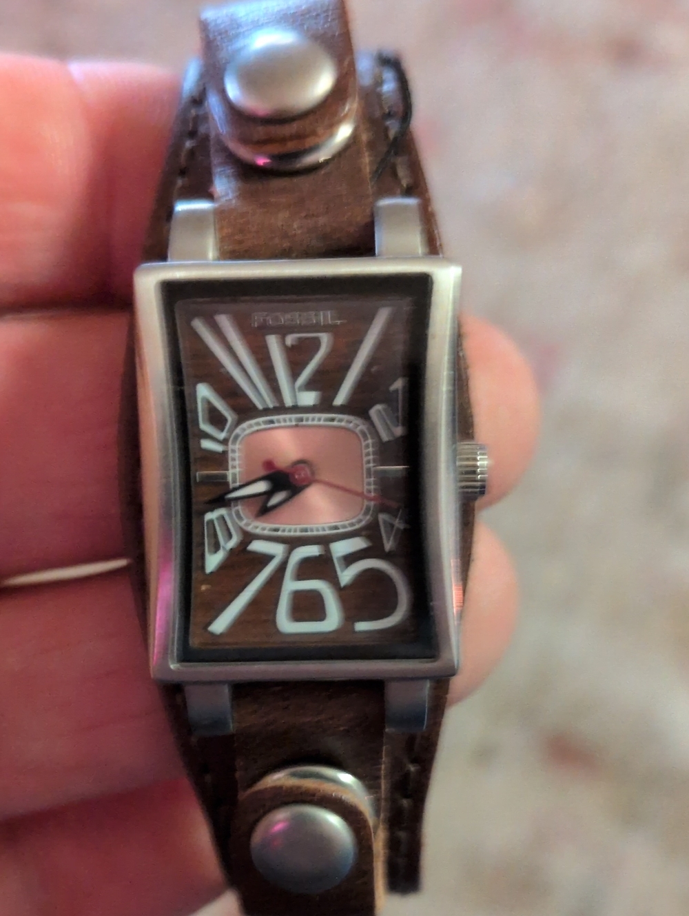Women Fossil Brown Leather Strap Rectangular Stainless Watch with Silver Accents